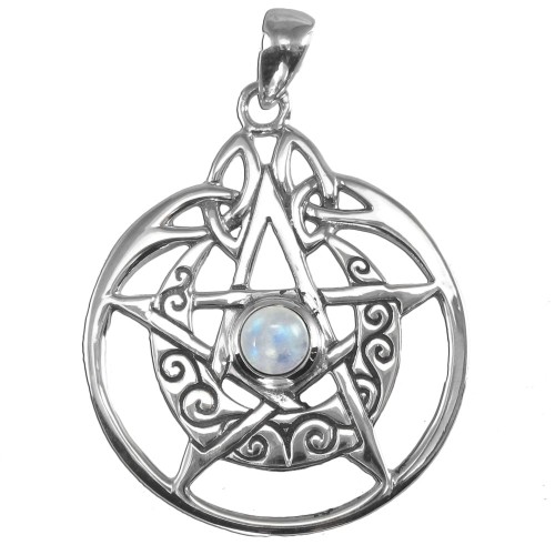 Crescent Moon Pentacle Sterling Silver Pendant with Gemstone