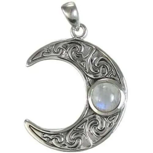 Crescent Moon Sterling Silver Pendant with Rainbow Moonstone