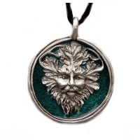 Green Man Enameled Pewter Necklace