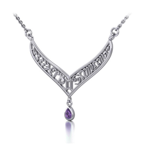 12 Zodiac Symbols Silver Necklace with Teardrop Amethyst Birthstone