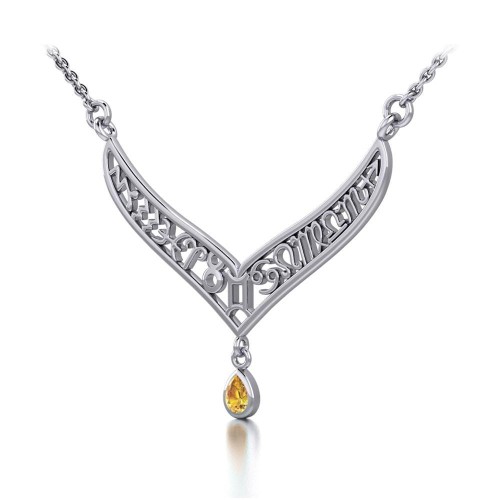 12 Zodiac Symbols Silver Necklace with Teardrop Citrine Birthstone