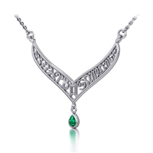 12 Zodiac Symbols Silver Necklace with Teardrop Emerald Birthstone