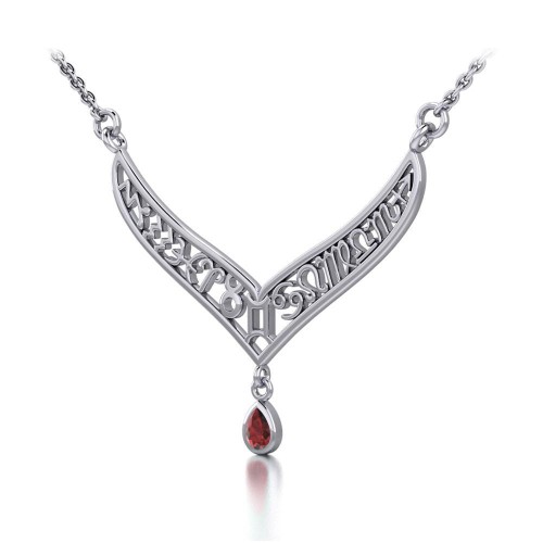 12 Zodiac Symbols Silver Necklace with Teardrop Garnet Birthstone