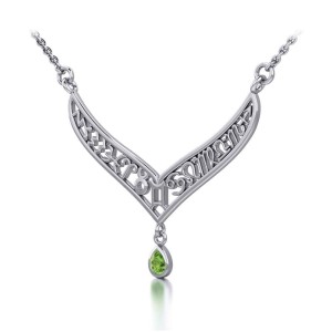 12 Zodiac Symbols Silver Necklace with Teardrop Peridot Birthstone