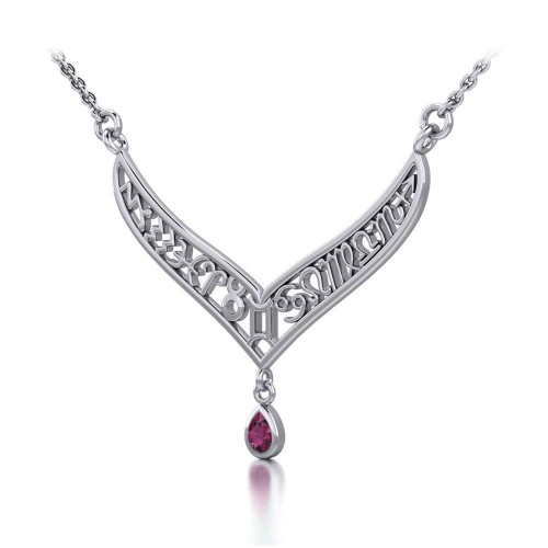 12 Zodiac Symbols Silver Necklace with Teardrop Ruby Birthstone