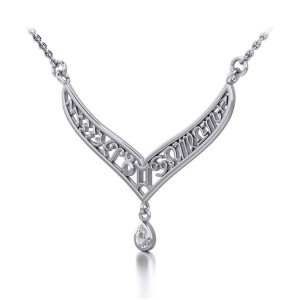 12 Zodiac Symbols Silver Necklace with Teardrop White Cubic Zirconia Birthstone