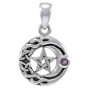 Moon Pentacle with Amethyst Small Silver Pendant