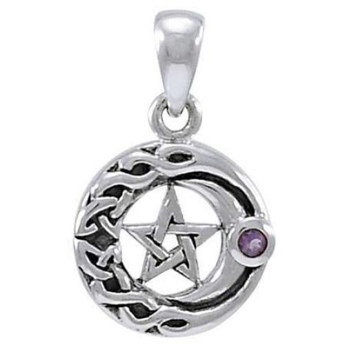 Moon Pentacle with Amethyst Small Silver Pendant