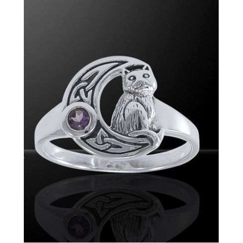 Celtic Cat and Moon Sterling Silver Ring