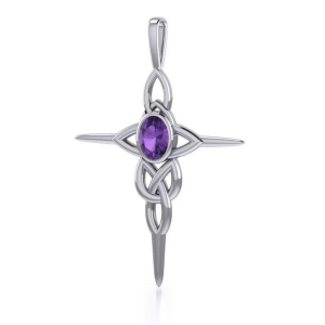 Modern Celtic Knotwork Cross Silver & Amethyst Pendant