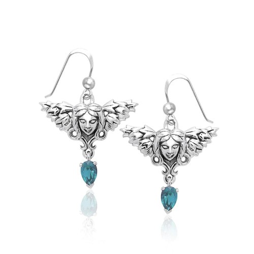 Angel Face Earrings with Dangling Blue Topaz Gemstones