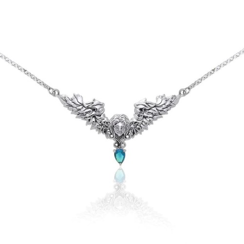 Angel Face Necklace with Dangling Blue Topaz Gemstone