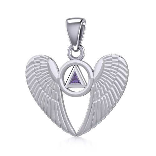 Angel Wings Pendant with Inlaid Amethyst Recovery Symbol
