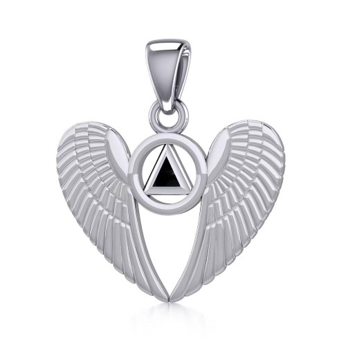 Angel Wings Pendant with Inlaid Black Onyx Recovery Symbol