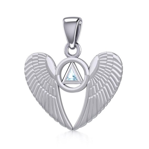 Angel Wings Pendant with Inlaid Blue Topaz Recovery Symbol