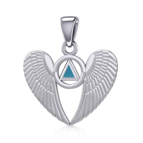 Angel Wings Pendant with Inlaid Turquoise Recovery Symbol