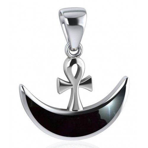 Ankh with Black Onyx Crescent Moon Pendant