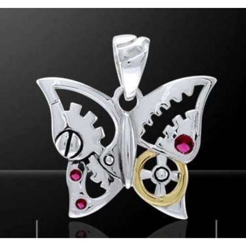 Butterfly Steampunk Pendant with Garnets