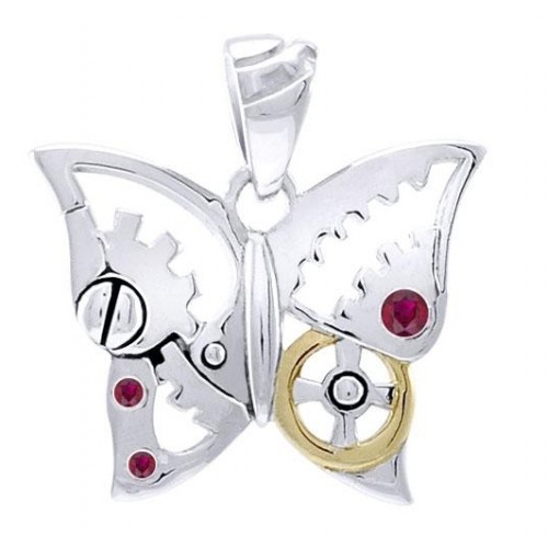 Butterfly Steampunk Pendant with Rubies