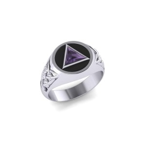 Celtic AA Recovery Symbol Silver Ring with Amethyst Gemstone
