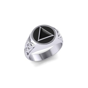 Celtic AA Recovery Symbol Silver Ring with Black Onyx Gemstone