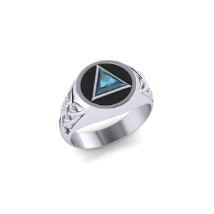 Celtic AA Recovery Symbol Silver Ring with Blue Topaz Gemstone