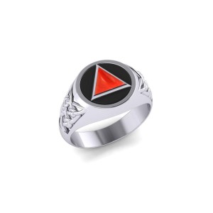 Celtic AA Recovery Symbol Silver Ring with Coral Gemstone