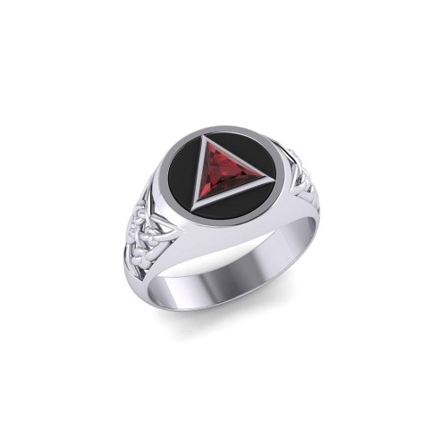 Celtic AA Recovery Symbol Silver Ring with Garnet Gemstone