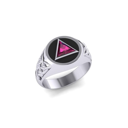 Celtic AA Recovery Symbol Silver Ring with Ruby Gemstone