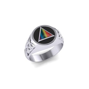 Celtic AA Recovery Symbol Silver Ring with Rainbow Inlaid Gemstone
