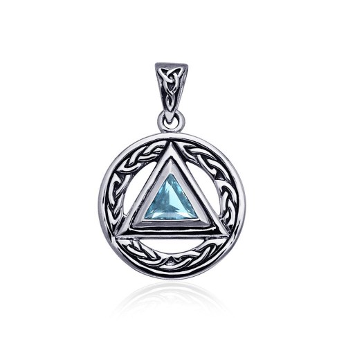 Celtic AA Symbol Silver Pendant with Blue Topaz Gemstone