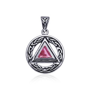 Celtic AA Symbol Silver Pendant with Pink Cubic Zirconia Gemstone