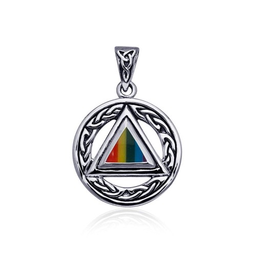 Celtic AA Symbol Silver Pendant with Rainbow Inlaid Gemstone