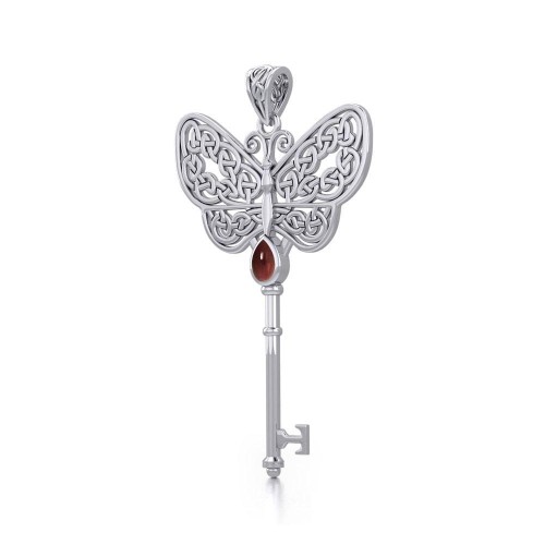 Celtic Butterfly Key Pendant with Garnet Gemstone