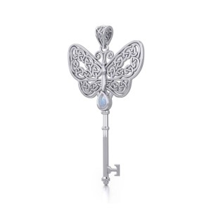 Celtic Butterfly Key Pendant with Rainbow Moonstone Gemstone