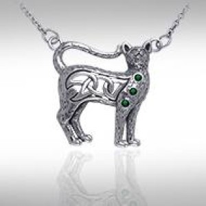 Celtic Cat Necklace with Emerald Gemstones
