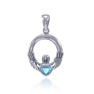 Celtic Claddagh Aquamarine Birthstone Sterling Silver Pendant