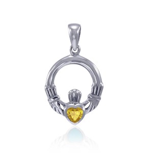 Celtic Claddagh Citrine Birthstone Sterling Silver Pendant