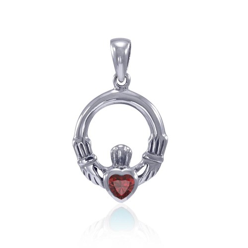 Celtic Claddagh Garnet Birthstone Sterling Silver Pendant