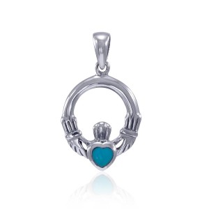 Celtic Claddagh Turquoise Birthstone Sterling Silver Pendant