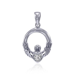 Celtic Claddagh White Cubic Zirconia Birthstone Sterling Silver Pendant