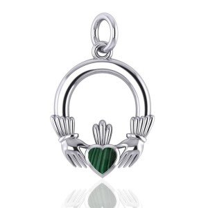 Celtic Claddagh Silver Charm with Malachite