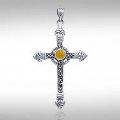 Celtic Cross Marcasite & Amber Pendant 