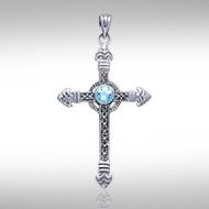 Celtic Cross Marcasite & Blue Topaz Pendant 