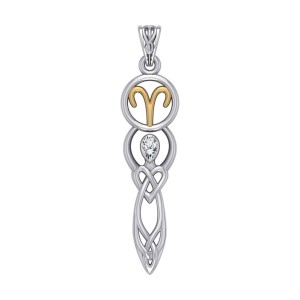 Celtic Goddess Aries Zodiac Symbol Pendant with White Stone