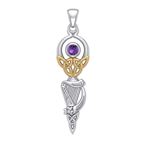 Celtic Goddess with Irish Harp and Gold Accents Amethyst Pendant