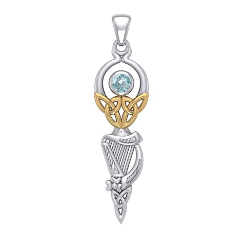Celtic Goddess with Irish Harp and Gold Accents Blue Topaz Pendant