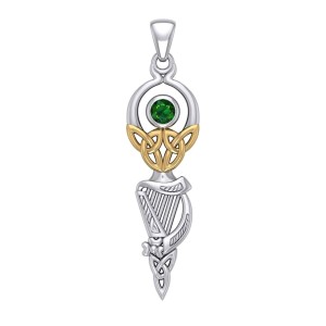 Celtic Goddess with Irish Harp and Gold Accents Emerald Pendant