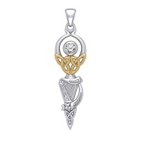 Celtic Goddess with Irish Harp and Gold Accents White Cubic Zirconia Pendant