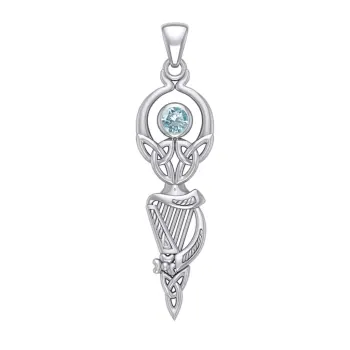 Celtic Goddess with Irish Harp and Blue Topaz Pendant